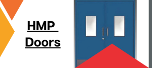 Blue metal double door with rectangular glass vision panels and vertical pull handles