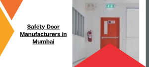 A bright red steel fire exit door with a panic bar, exit sign, and fire extinguisher in a clean white industrial corridor.